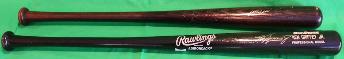 2 SIGNED HALL OF FAME BATS TO INCLUDE JIM RICE: LOUISVILLE SLUGGER, 33" LONG, WITH R43 FINISH KNOB IS STAMPED, ALONG WITH KEN GRIFFEY JR. RAWLINGS ADIRONDACK CALLED THE BIG STICK, BLACK FINISH. 33 3/4" LONG.