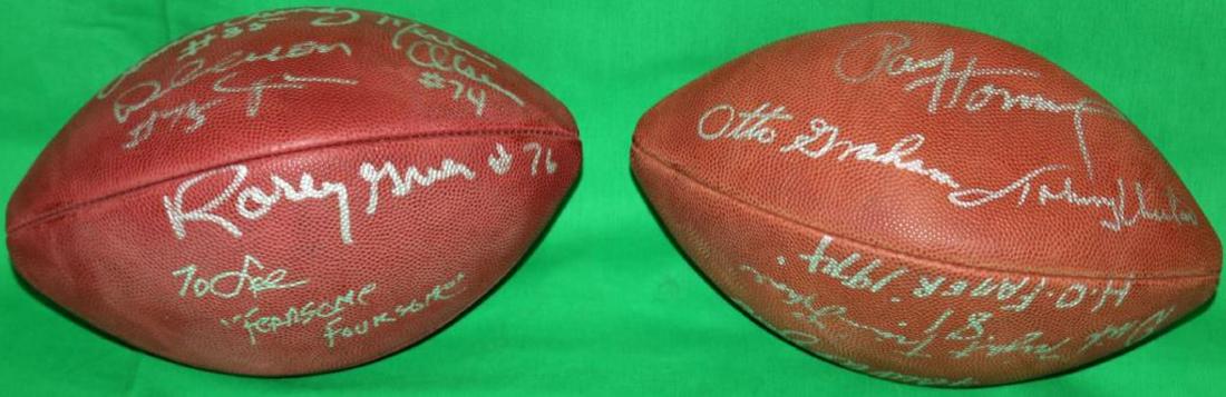2 SIGNED WILSON NATIONAL FOOTBALL LEAGUE: FOOTBALLS TO INCLUDE ONE SIGNED BY THE RAMS FEARSOME FOURSOME LAMAR LUNDY, MERLIN OLSEN, ROSIE GREER AND DEACON JONES. MINT CONDITION WITH ORIGINAL BOX ALONG WITH SIGNED BY OTTO GRAHAM, JOHNNY UNITAS,
