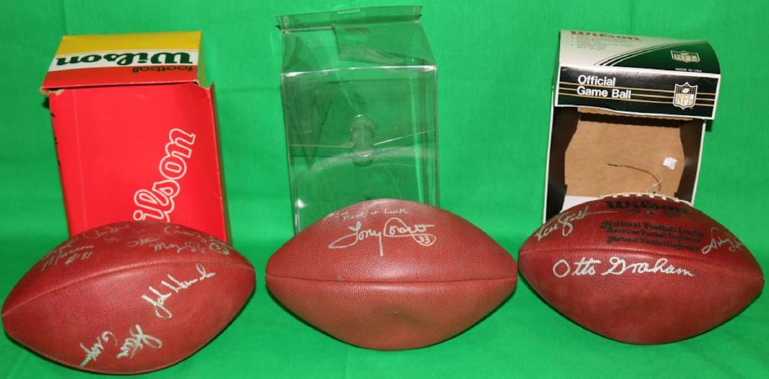 LOT OF 3 WILSON AUTOGRAPHED NFL FOOTBALLS TO: INCLUDE ONE SIGNED BY PATRIOTS JOHN HANNAH, STEVE GROGAN, ANDRE TIPPETT AND CRAIG JAMES, WITH ORIGINAL BOX. ONE SIGNED BY TONY DORSETT DEDICATED TO LEE CAMPBELL. AND ONE SIGNED BY KEN STABLER, JOHNNY 