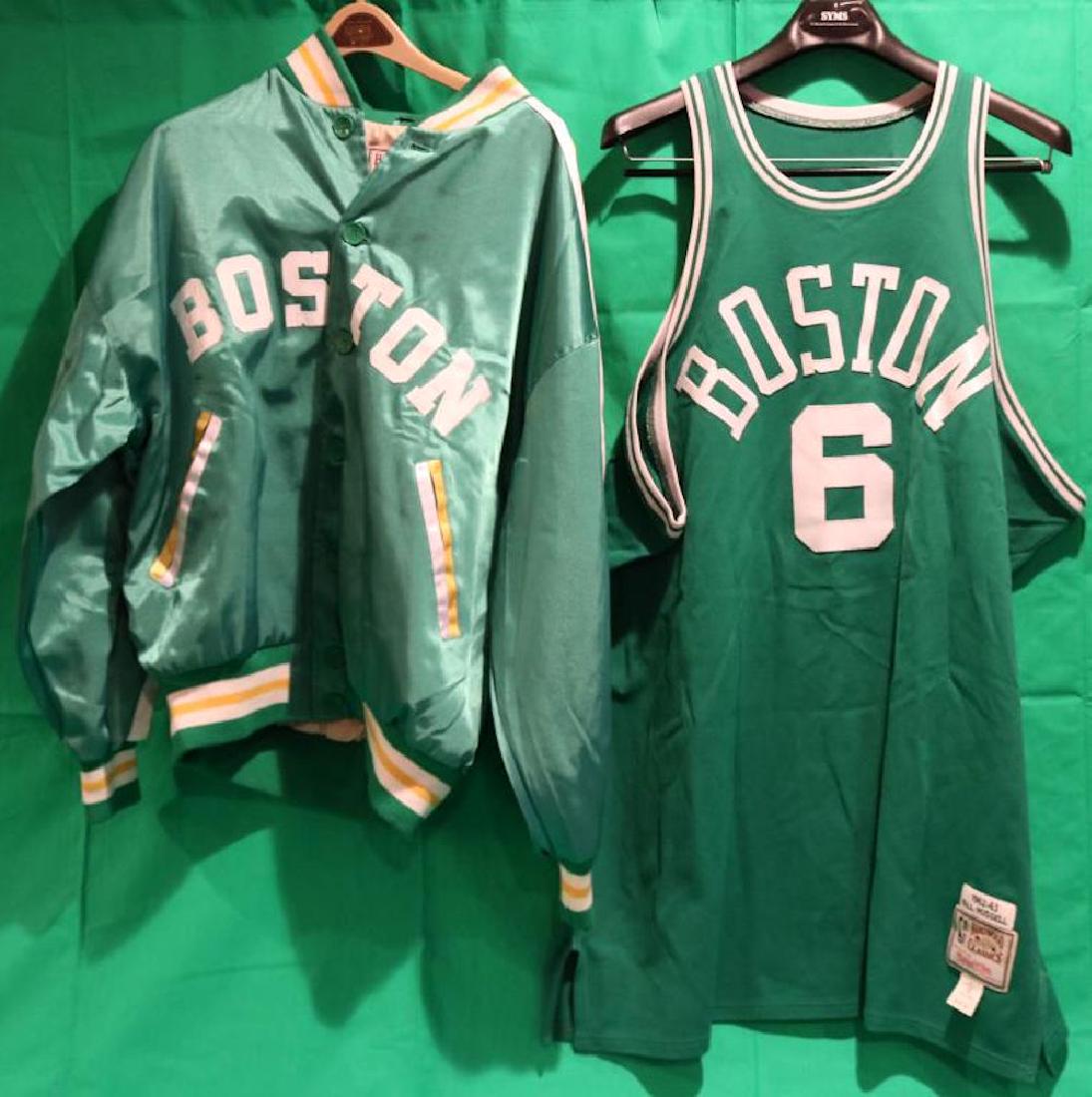 2 PIECE BILL RUSSELL BOSTON CELTICS LOT TO: INCLUDE A MITCHELL & NESS #6 JERSEY, SIZE 60 AND A WARM-UP JACKET ALSO MITCHELL & NESS, SIZE 52. EXCELLENT CONDITION.