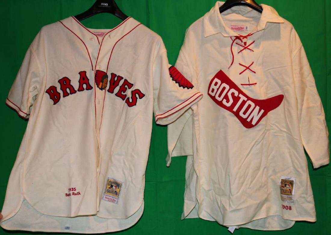 LOT OF 2 REPLICA COOPERSTOWN COLLECTION JERSEYS: BY MITCHELL & NESS TO INCLUDE 1935 BOSTON BRAVES BABE RUTH UNIFORM JERSEY AND 1908 BOSTON RED SOX WORLD SERIES UNIFORM JERSEY. EXCELLENT CONDITION. SIZE 48.