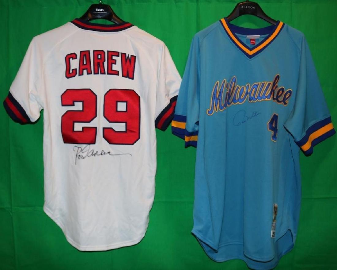 LOT OF 2 REPLICA COOPERSTOWN COLLECTION SIGNED: JERSEYS BY MITCHELL & NESS TO INCLUDE A 1982 ROD CAREW CALIFORNIA ANGELS, SIZE 44, LARGE, SIGNED ON BACK. AN A 1982 PAUL MOLITOR, SIZE 52, XX LARGE, #4. BOTH ARE HALL OF FAME PLAYERS.