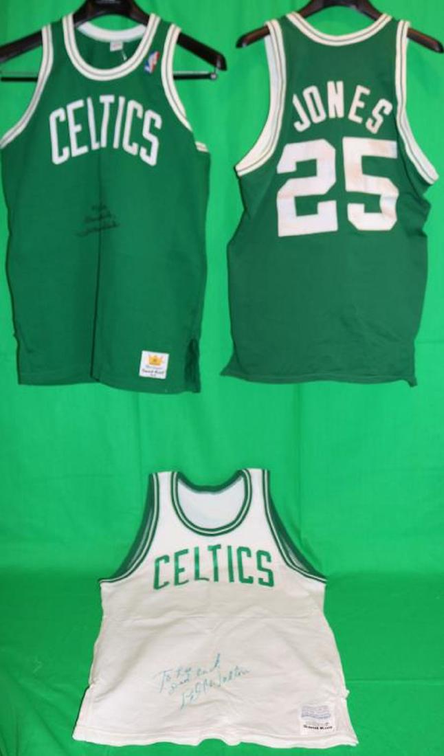 LOT OF 3 BOSTON CELTICS SIGNED AND DEDICATED: JERSEYS. ONE SIGNED BY JOHN HAVLICEK, SIZE LARGE 44, ONE SIGNED BY K.C. JONES #25, SIZE 46, AND ONE SIGNED BY BILL WALTON SIZE 40. ALL MADE BY MACGREGOR.