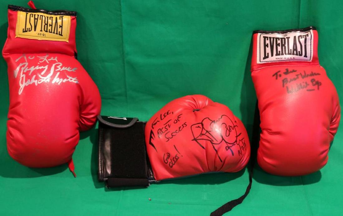 3 SIGNED EVERLAST BOXING GLOVES, ONE SIGNED BY: JAKE LAMOTTA, RAGGING BULL, ONE BY WILLIE PEP AND ONE BY RAY BOOM BOOM MANCINI.