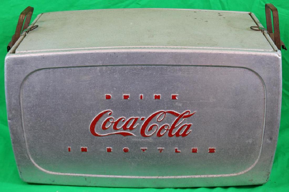VINTAGE COCA COLA ICE COOLER WITH UNUSUAL: LOCKING HANDLES & BOTTLE OPENER, 13 1/2" H X 23 1/2" W X 13 3/4" D