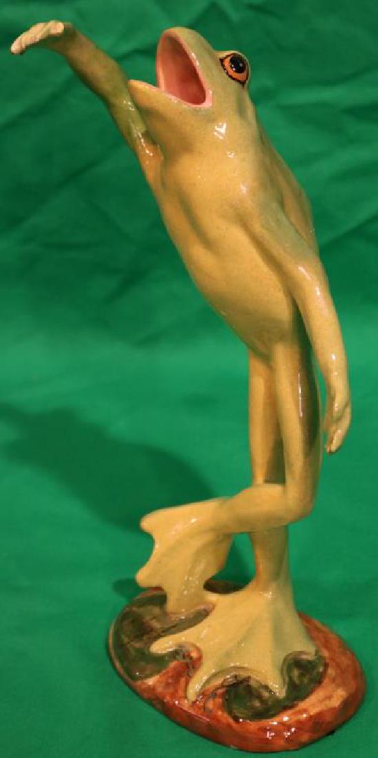 FRENCH POTTERY FROG FIGURE, MAJOLICA BY: JEROME MASSIER, NO DAMAGE 11" H