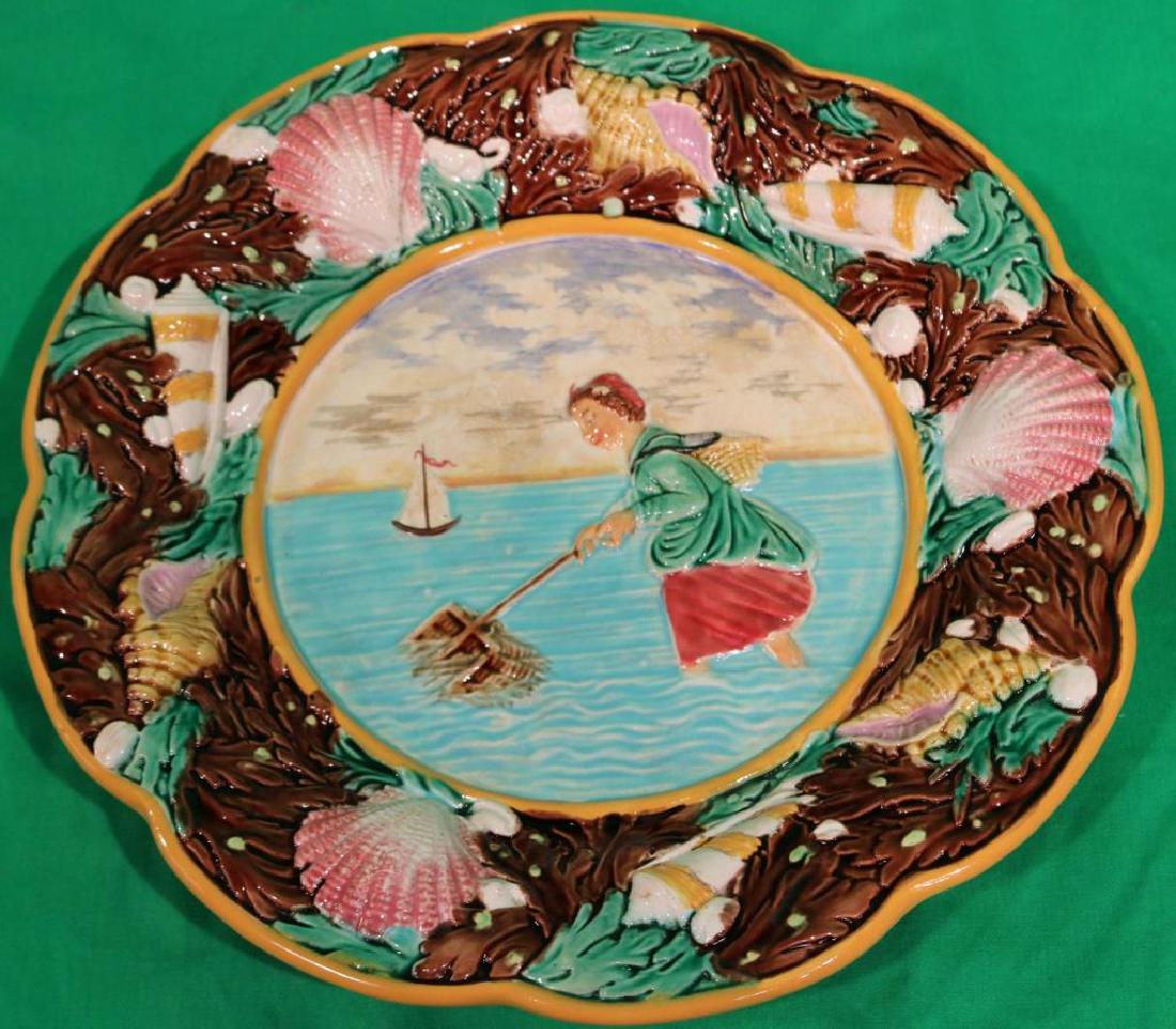 GEORGE JONES MAJOLICA PLATE & SHRIMPER GIRL: APPX. 9 1/8" DIA., NO DAMAGE