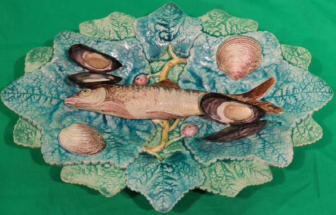 UNUSUAL MAJOLICA LEAF FORM TRAY WITH 3 DIM.: CLAMS, MUSSELS & FISH DESIGN 8 1/2" H X 12" W