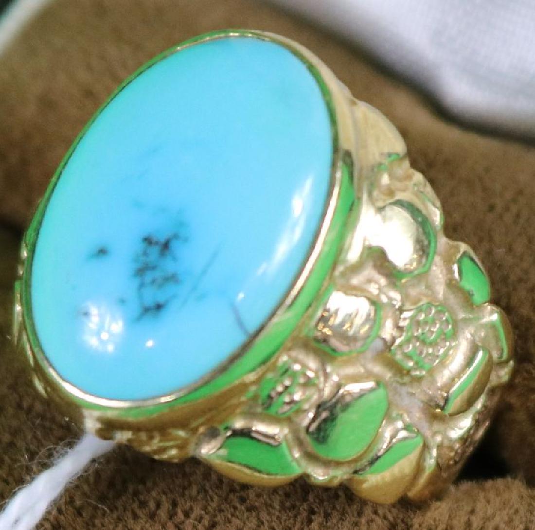 14K YELLOW GOLD MANS RING, NUGGET STYLE: SETTING WITH BLUE CABOCHON TURQUOISE, SIZE 8, 11G