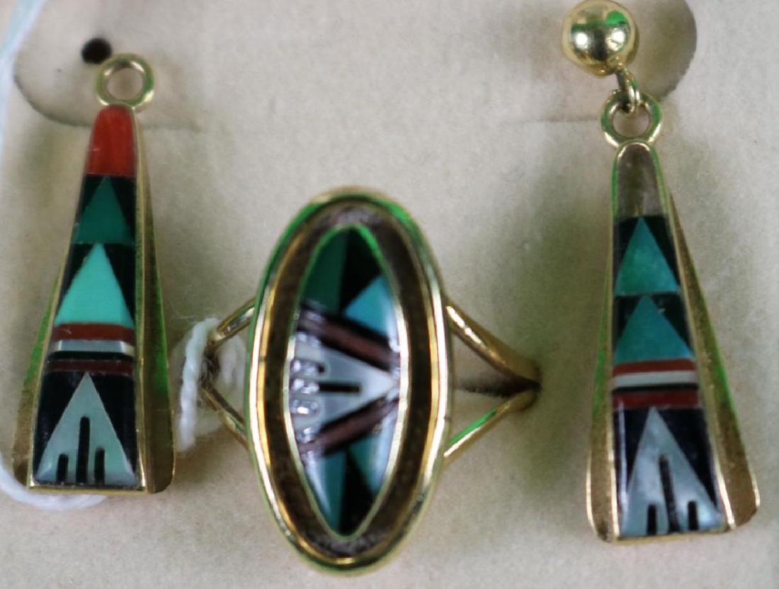 2 PC 14K GOLD NATIVE AMERICAN STYLE SET INC.: RING, SIZE 5.5, PR EARRINGS, ONE MISSING STUD