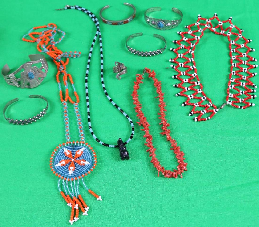 LOT OF 10 MISC. NICKEL SILVER & BEADWORK: NECKLACE INC CORAL, SILVER, FETISH, ALSO INC. ONE RING
