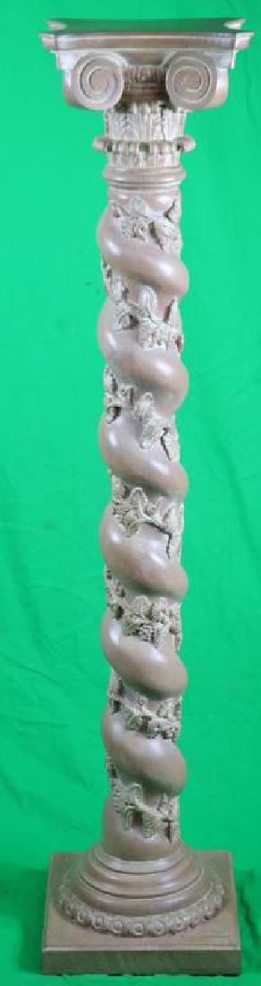 INDONESIAN CARVED WOODEN PEDESTAL WITH TWIST: & VINE DESIGN, 50" H X 11" SQUARE BASE