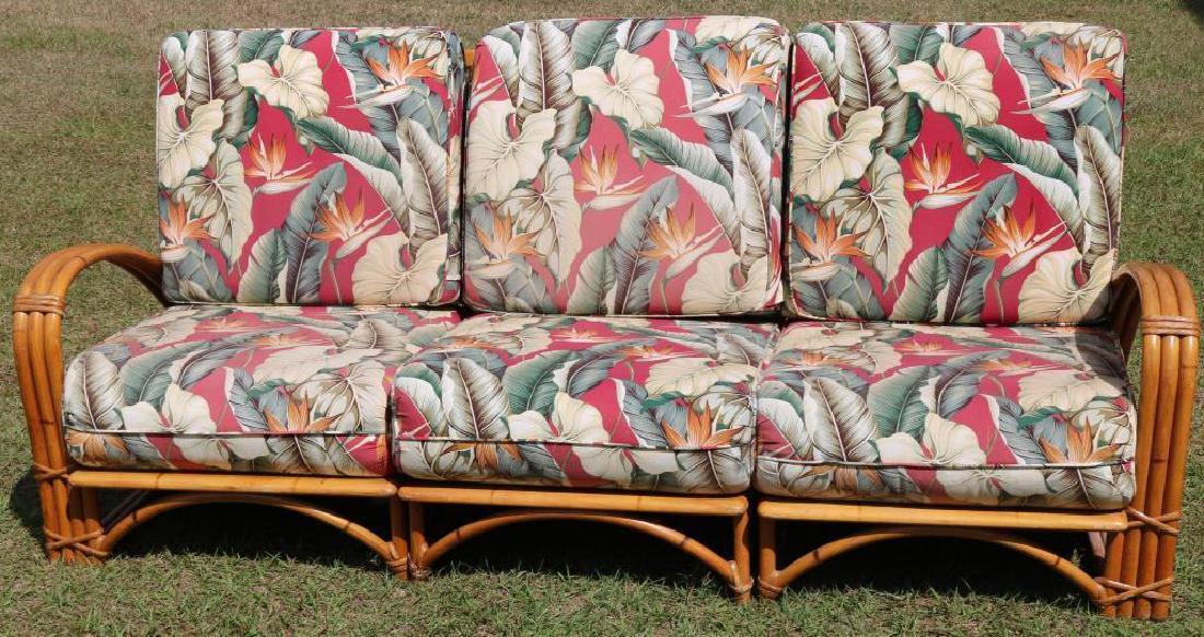 VINTAGE 50s HAYWARD WAKEFIELD BAMBOO STYLE: SECTIONAL SOFA, ORIGINAL FLORAL UPHOLSTERY, ORIGINAL FINISH, EXCELLENT OVERALL CONDITION, 31" H, 37" D