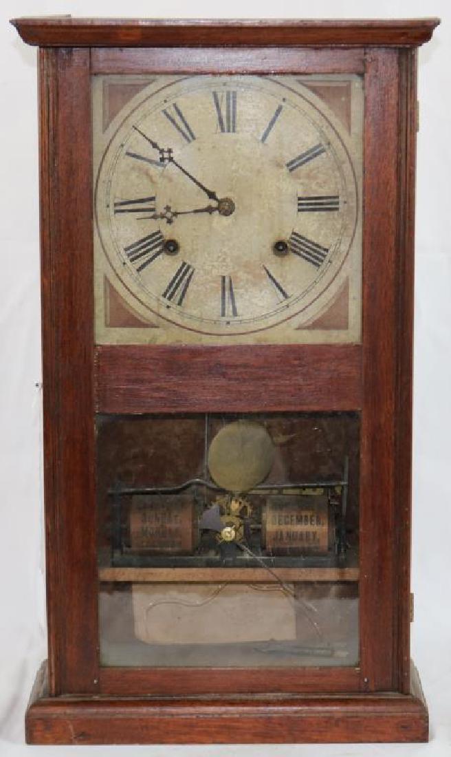 VICTORIAN WALNUT CALENDAR MOVEMENT CLOCK WITH: ITHACA PAPER DIAL(NOT ORIGINAL) UNKNOWN WORKING CONDITION, 21" H, 11 3/4" W, 4 3/4" D