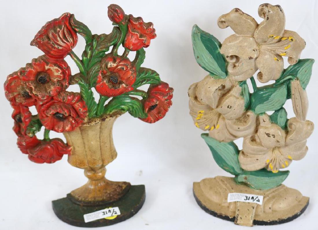 2 LARGE CAST IRON FLORAL DOOR STOPS, ORIGINAL: PAINT, 10 1/2" H