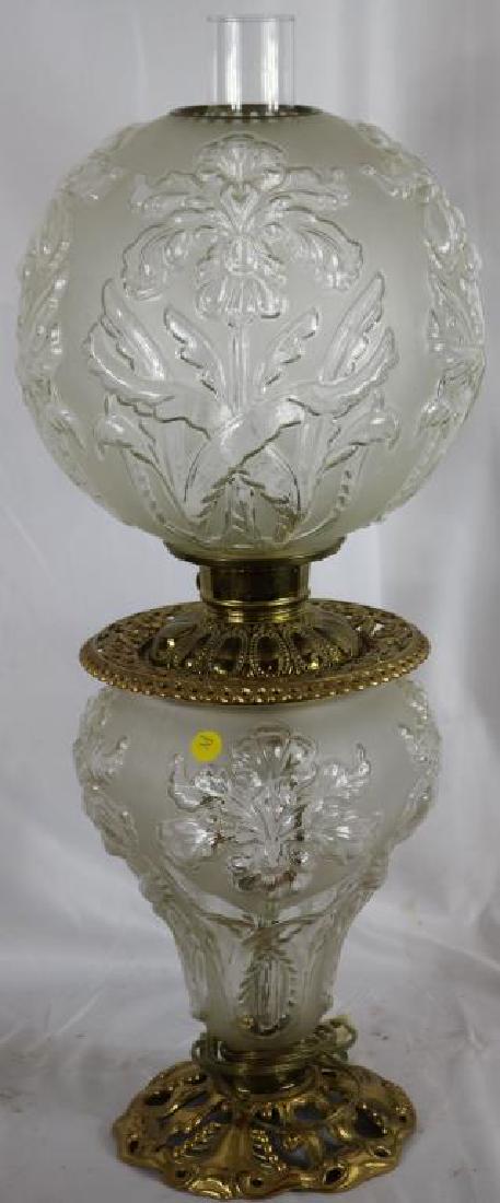 19TH C. ELECTRIC GONE WITH THE WIND LAMP WITH: EMBOSSED IRIS DESIGN, ORIGINAL BASE & SHADE, 28" OVERALL HEIGHT WITH CHIMNEY, 10 1/2" BALL SHADE