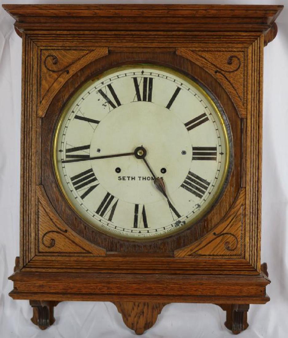 SETH THOMAS OAK WALL CLOCK, TIME & STRIKE OLD: REFINISHED CONDITION, 22 1/2" H, 17 1/2" W