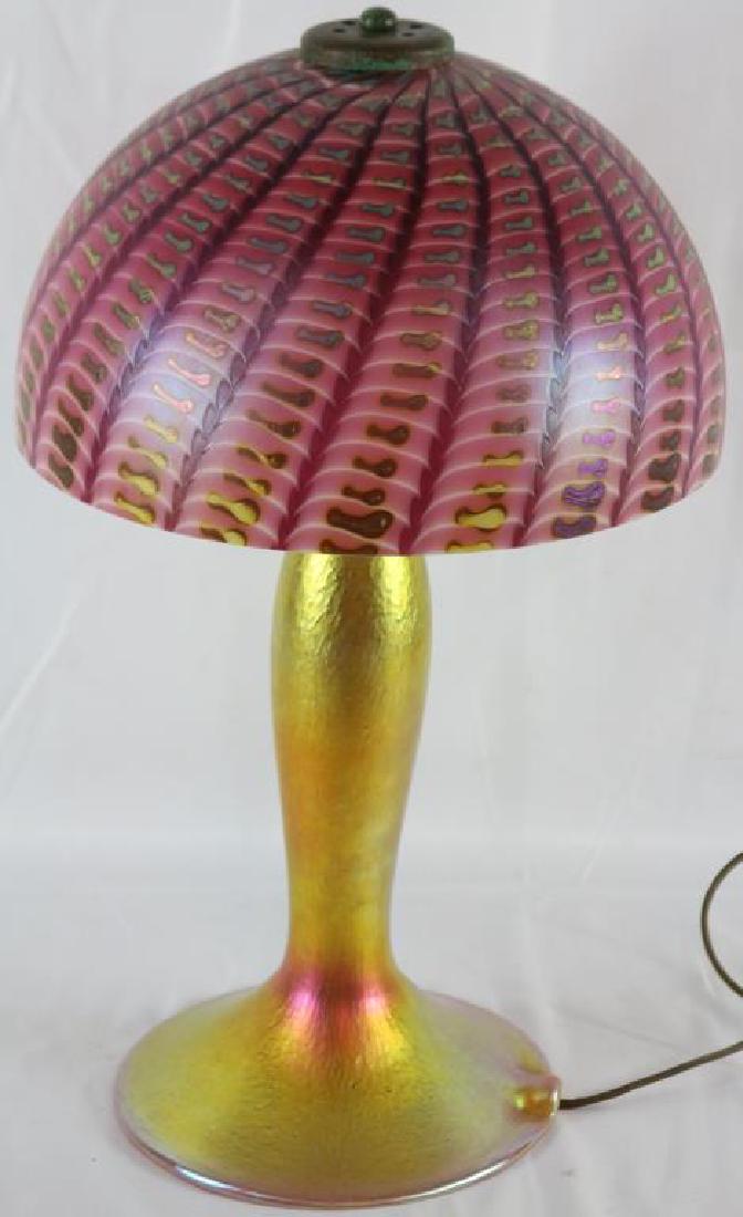 CONTEMPORARY ART GLASS LAMP BASE, SIGNED LUNDBERG: STUDIOS 1993 AND UNSIGNED ART GLASS SHADE, APPROX. 20" H, 12" DIA. SHADE
