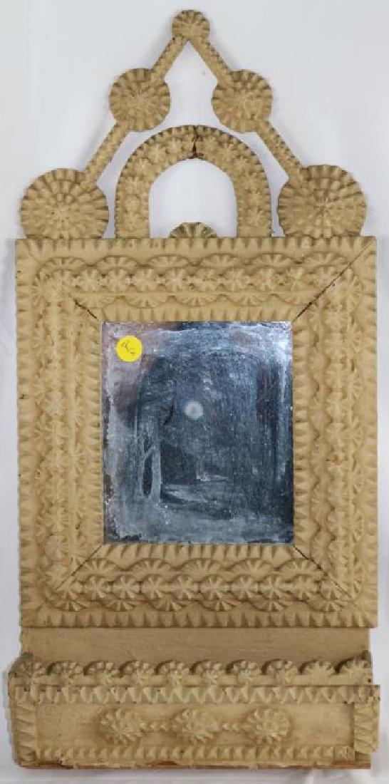 LATE 19TH C. PAINTED TRAMP ART MIRROR WITH COMB: BOX, 21 1/2" H, 10 1/2" W