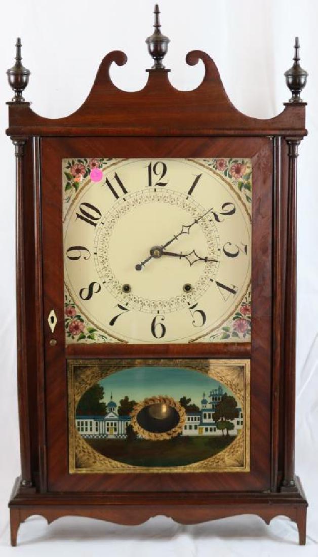 RESTORED ELI TERRY PILLAR & SCROLL CLOCK, WEIGHT: DRIVEN, CLEAN CONDITION, 31 1/2" H, 17 1/2" W