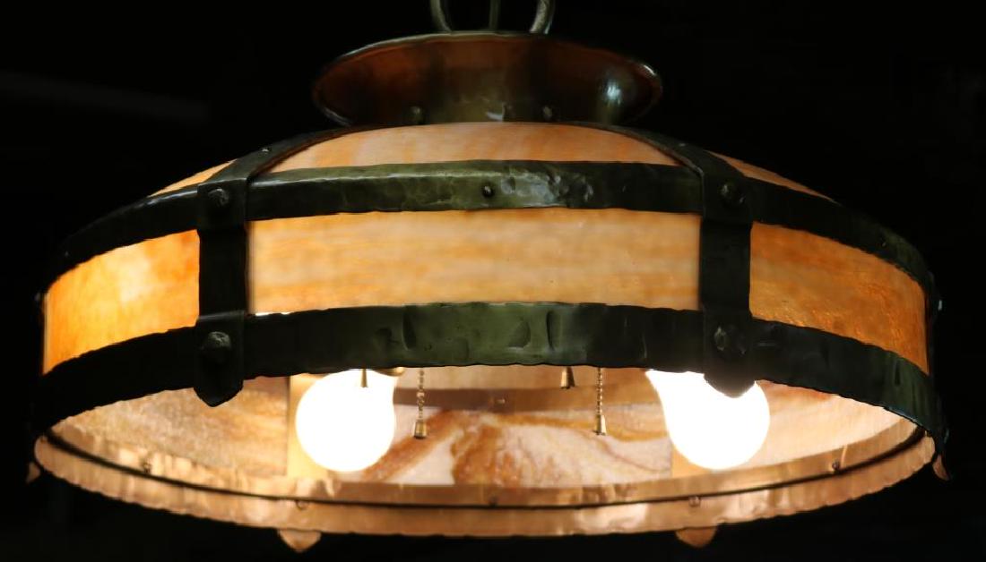 BENT SLAG GLASS MISSION STYLE HANGING LAMP,: MATCHING CANOPY & CHAIN, LAMP 9" H, 20" DIA. SHADE