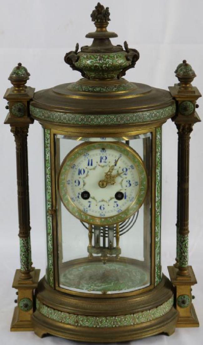 EXCELLENT ENAMELED CRYSTAL REGULATOR CLOCK WITH: ENAMELED DIAL, FRENCH MOVEMENT, DETAILED BRASS WORK, OLD ORIGINAL FINISH, APPROX. 14 1/2" H, 8 1/2" W, 6" D