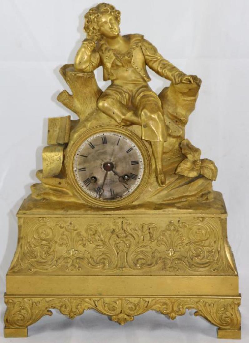 EARLY 19TH C. GILT BRONZE FIGURAL CLOCK WITH: SILVER DIAL, MARKED J.G. BROWN & SON, NEW YORK, 15" H, 10 12" W, 3 12" D