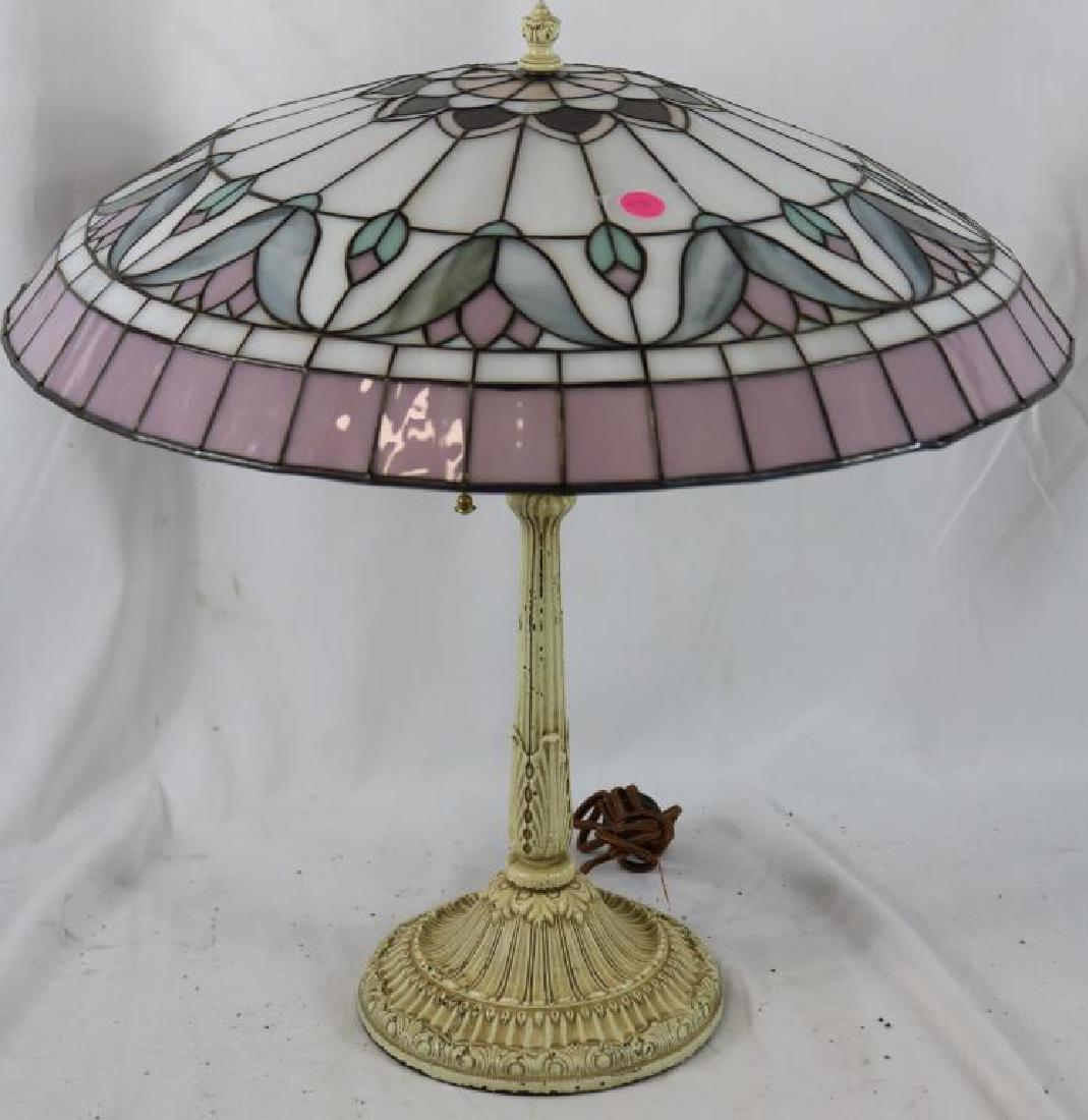 VINTAGE PAINTED IRON TABLE LAMP WITH LATER FLORAL: LEADED SHADE, APPROX. 20" H, 19 1/2" SHADE