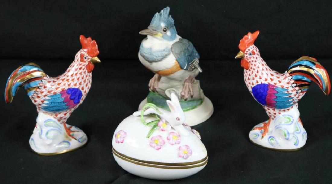 COLLECTION OF QUALITY FIGURES TO INCLUDE 2 HEREND: ROOSTERS, APPROX. 5 1/2" H, HERRON RABBIT, COVERED BOX, 4" BOEHM FLEDGLING KING FISHER, #4492, 6"