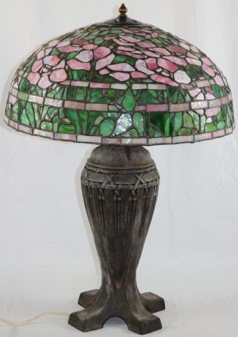 EARLY 20TH C. LEADED GLASS TABLE LAMP, HANDEL: BASE, LATER LEADED SHADE, APPROX. 27" H, 18 1/2" DIA.