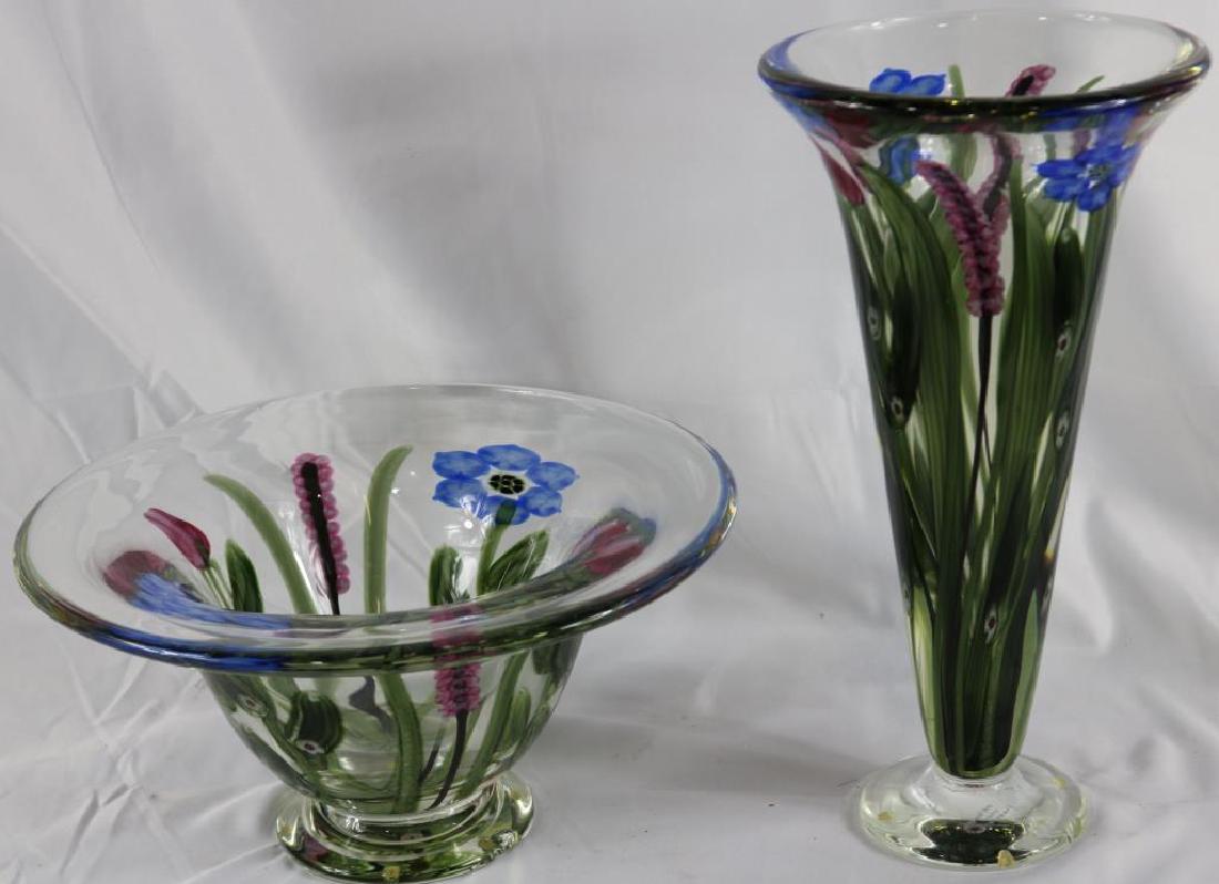 2 LARGE PCS. OF CONTEMPORARY VANDERMARK ART GLASS: TO INCLUDE 16" TRUMPET VASE #048-500 SIGNED DOUG MERRITT AND STEPHEN SAWN TOGETHER WITH FOOTED BOWL, 7 1/2" H, 13 3/4" DIA.