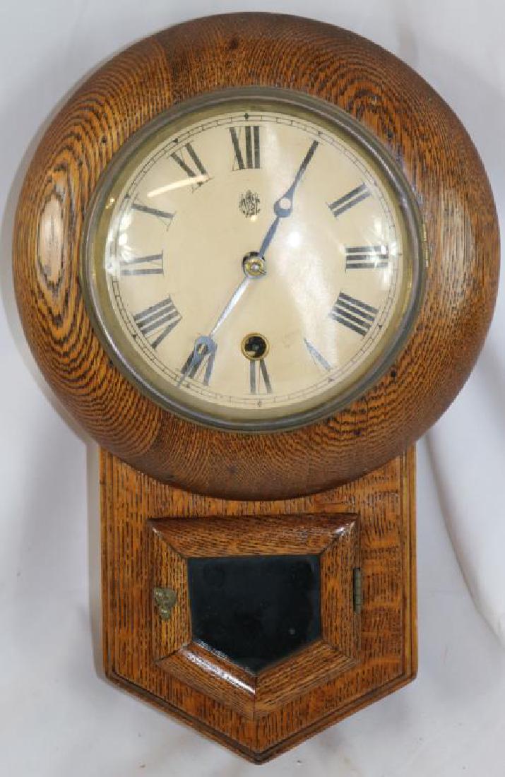 SMALL OAK WALL CLOCK BY WATERBURY THE DAINTIE #2,: ORIGINAL OLD FINISH, APPROX. 14" H, 9" W, 4 1/2" D