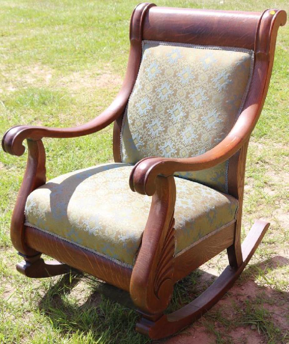 LARGE OVERSIZED LATE VICTORIAN OAK ROCKER WITH: CARVED SCROLL ARMS, REFINISHED CONDITION, 42" H, 27" W, 36" D