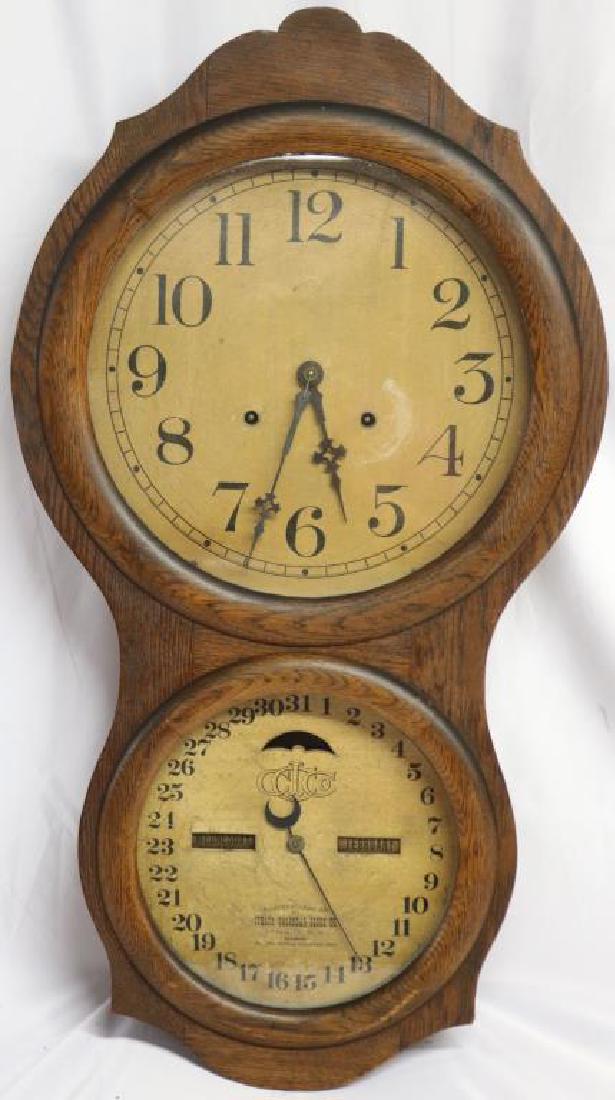 LATE 19TH C. OAK CALENDAR CLOCK, ENTITLED ITHACA: CALENDAR CLOCK CO. AUG 28, 1866, 29" H, 16" W, UNKNOWN WORKING CONDITION