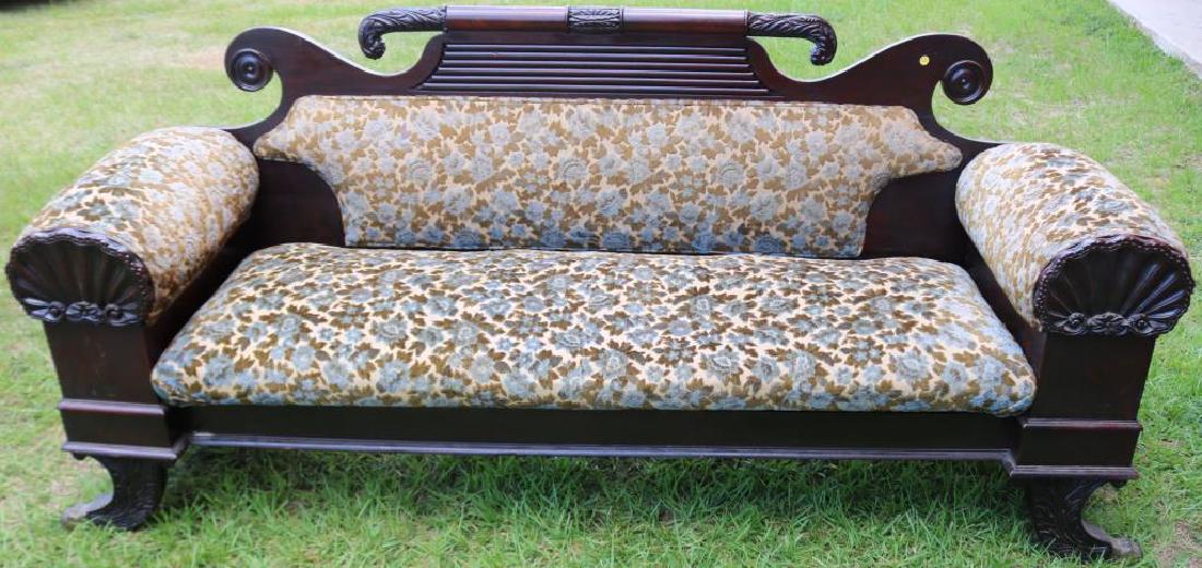 EARLY 19TH C. FEDERAL STYLE SOFA WITH CARVED: SHELLS & CARVED DUNCAN PHYFE FEET WITH BRASS ANIMAL FOOT CAPS, CARVED CREST, LATER UPHOLSTERY, OLD FINISH SHOWS APPROPRIATE WEAR, 39" H, 86 1/2" W, 25" D