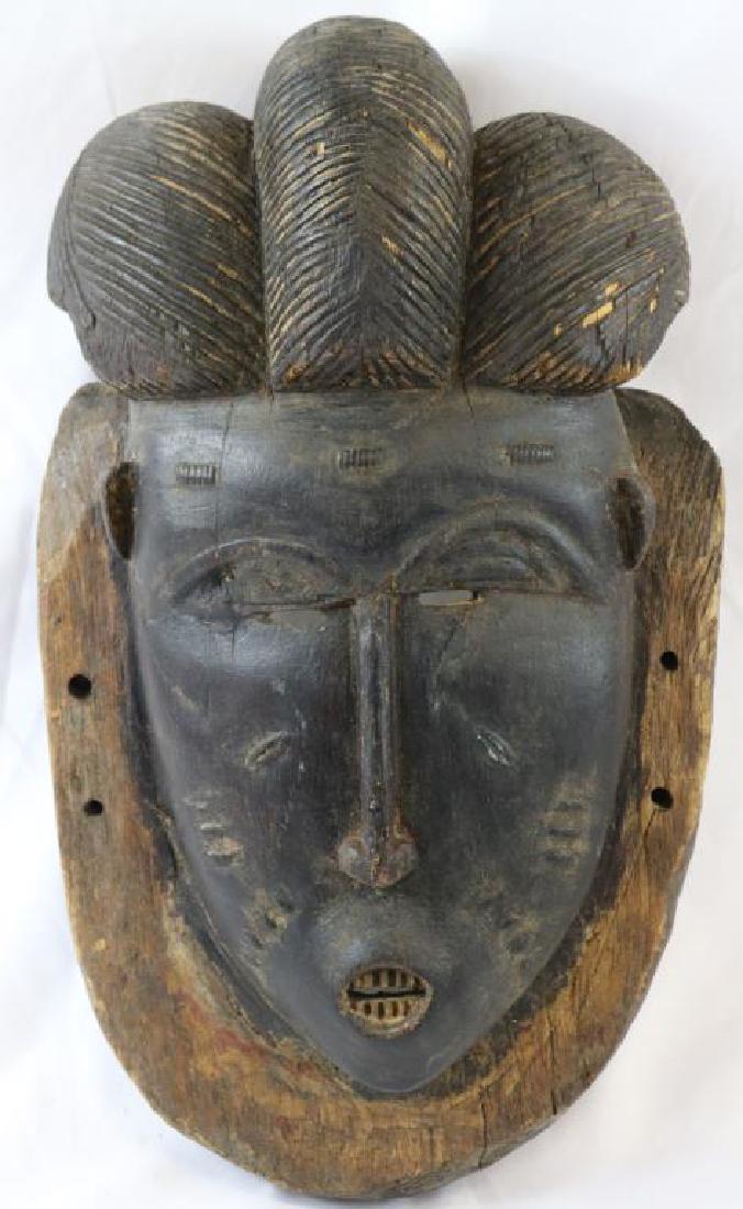 AFRICAN CARVED WOOD MASK, HUMAN FACE WITH: SCARIFICATION AND FANCY HAIRDO, FROM EX-AMBASSADOR MORGAN COLLECTION, 15" L