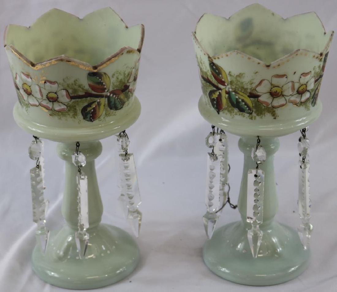PAIR OF ENAMELED GLASS MANTLE LUSTERS, WITH CUT: PRISMS, 10" H, SOME LOSS TO GOLD GILT