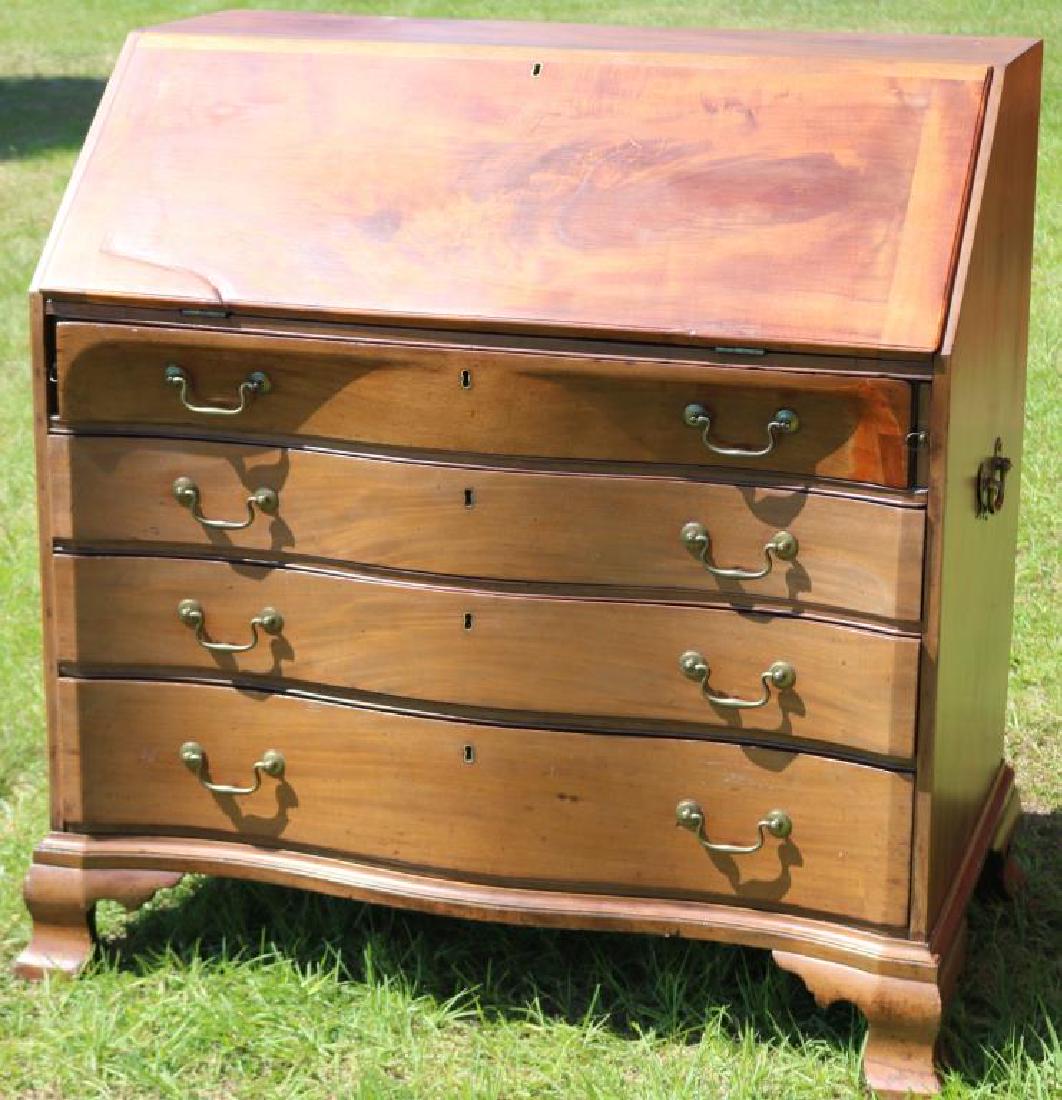 18TH C. MAHOGANY OX BOW SLANT LID DESK WITH OGEE: BRACKET BASE, DOVE TAIL CONSTRUCTION, FITTED INTERIOR, CIRCA 1780, POSSIBLY BOSTON, REPLACED BRASSES, 42 1/2" H, 40 1/2" W, 23 1/4" D