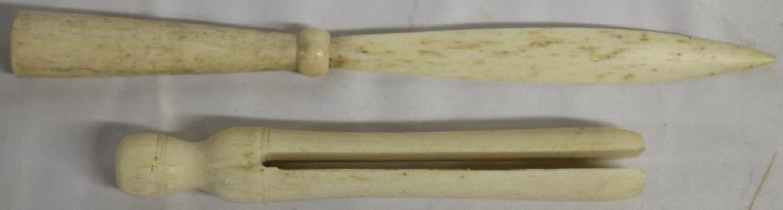 SAILOR MADE WHALE BONE CLOTHES PIN TOGETHER WITH: WHALEBONE LETTER OPENER, 5" + 7 1/2" L