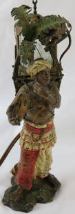 TWO 20TH C. AUSTRIAN COLD PAINTED BRONZE FIGURAL: LAMPS, DEPICTING ARAB MUSICIANS WITH MONKEYS & LANTERNS, APPROX. 10 1/4" H