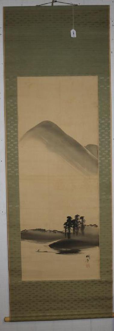 JAPANESE SCROLL WATERCOLOR ON SILK DEPICTING: MOUNTAIN SCENE WITH MAN IN BOAT, BONE ROLLERS, WOODEN CANE, SIGNED, 43" X 16 3/4" SIGHT, 67" X 22 1/2' OVERALL, FROM EX-AMBASSADOR MORGAN COLLECTION