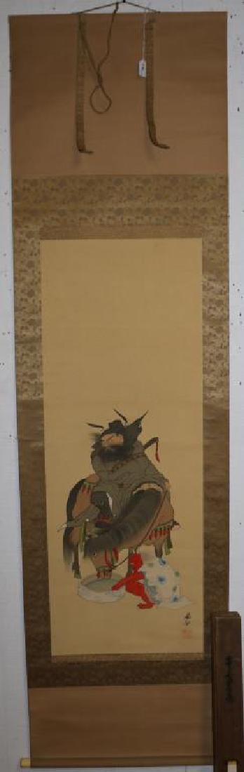 BOXED POSSIBLY CHINESE SCROLL WATERCOLOR ON SILK,: DEPICTING MAN ON HORSE WITH THE DEVIL DRINKING WATER, 44" X 16 1/2" SIGHT, 80" X 22" OVERALL, BONE ROLLERS, FROM EX-AMBASSADOR MORGAN COLLECTION