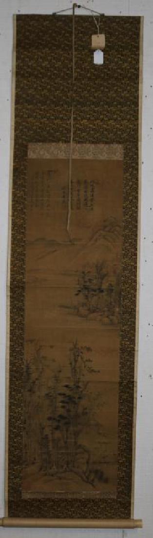 LARGE CHINESE SCROLL DEPICTING WATER, MOUNTAIN,: TREES, BOAT & STRUCTURE, WATERCOLOR ON SILK, POSSIBLE 19TH C., BONE ROLLERS, NOT ORIGINAL BOX, SHOWS SOME SPLITTING, CONING, ETC. 39 1/2" X 11 1/2" SIGHT, 60" X 15 1/2" OVERALL, FROM EX-AMBASSADOR MOR