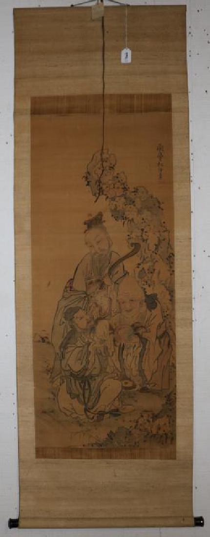 CHINESE SCROLL, WOODEN ROLLERS, WATERCOLOR ON: SILK, NOT ORIGINAL BOX, DEPICTING HAPPY GODS, GOD INSCRIPTION ON UPPER RIGHT, SLIGHT MARKS, 37" X 15 3/4" SIGHT, 58 1/2" X 19 1/2" OVERALL, FROM EX-AMBASSADOR MORGAN COLLECTION