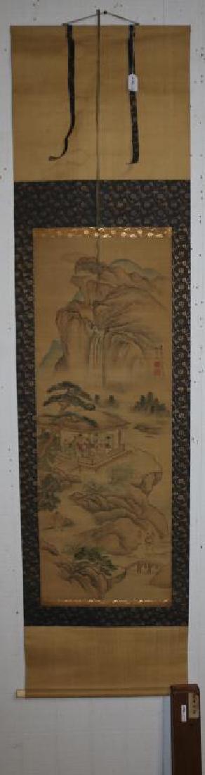 CHINESE SCROLL, BONE ROLLERS, DEPICTING CHINESE: LANDSCAPE, WATERCOLOR R ON SILK, ORIGINAL BOX, SHOWS SOME STAINING, 39" X 14 1/4" SIGHT, 71" X 18" OVERALL, FROM EX-AMBASSADOR MORGAN COLLECTION