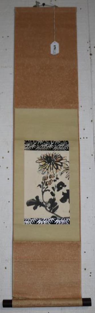 CHINESE SCROLL, CHRYSANTHEMUM WITH KAJI FOR KANJI: FOR KIKU WITH BAMBOO, EMBROIDERY OF MAN, WATERCOLOR ON PAPER, WOOD ROLLERS, 8 1/4" X 5 1/2" SIGHT, 38" X 8 1/4" OVERALL, FROM EX-AMBASSADOR MORGAN COLLECTION