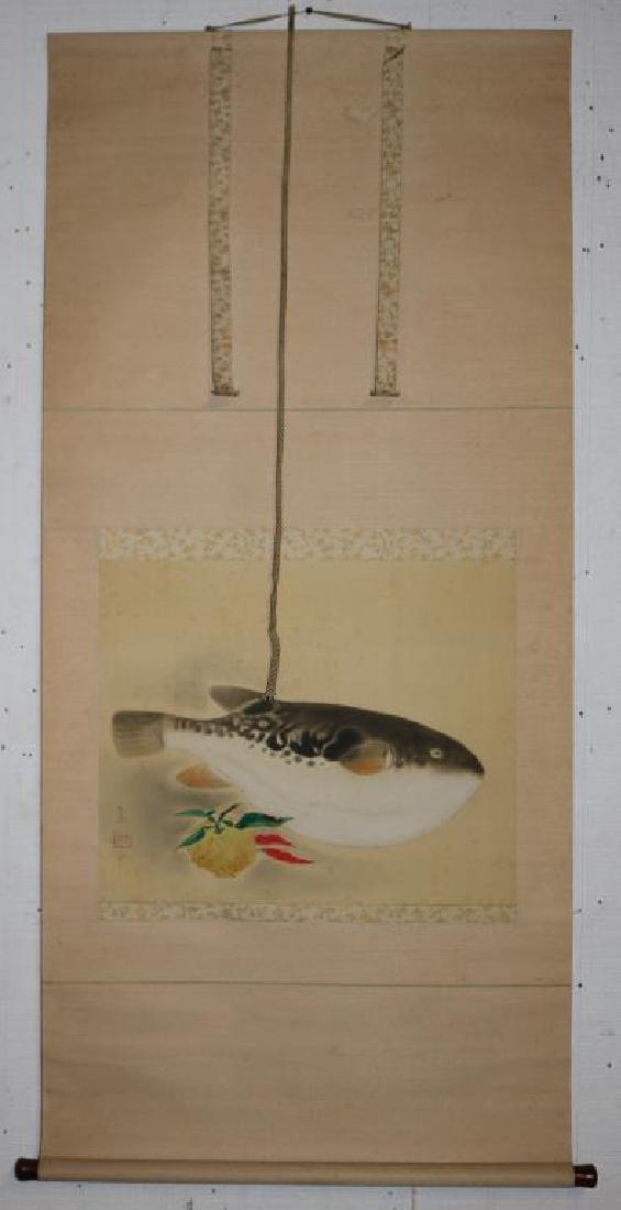 CHINESE SCROLL, NO BOX, STILL LIFE WITH FUGU,: YUZU AND RED PEPPER, WATERCOLOR ON SILK, WOOD ROLLERS, 16 1/2" X 20" SIGHT, 56" X 25 1/2" OVERALL, FROM EX-AMBASSADOR MORGAN COLLECTION