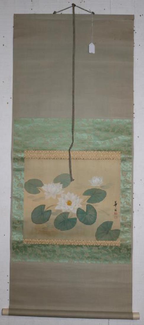 CHINESE SCROLL DEPICTING WHITE LOTUS WITH GREEN: LILY PADS, BONE ROLLERS, SHOWS SOME FOXING, WATERCOLOR ON SILK, NO BOX, 13" X 15 1/2" SIGHT, 49" X 19 3/4" OVERALL, FROM EX-AMBASSADOR MORGAN COLLECTION