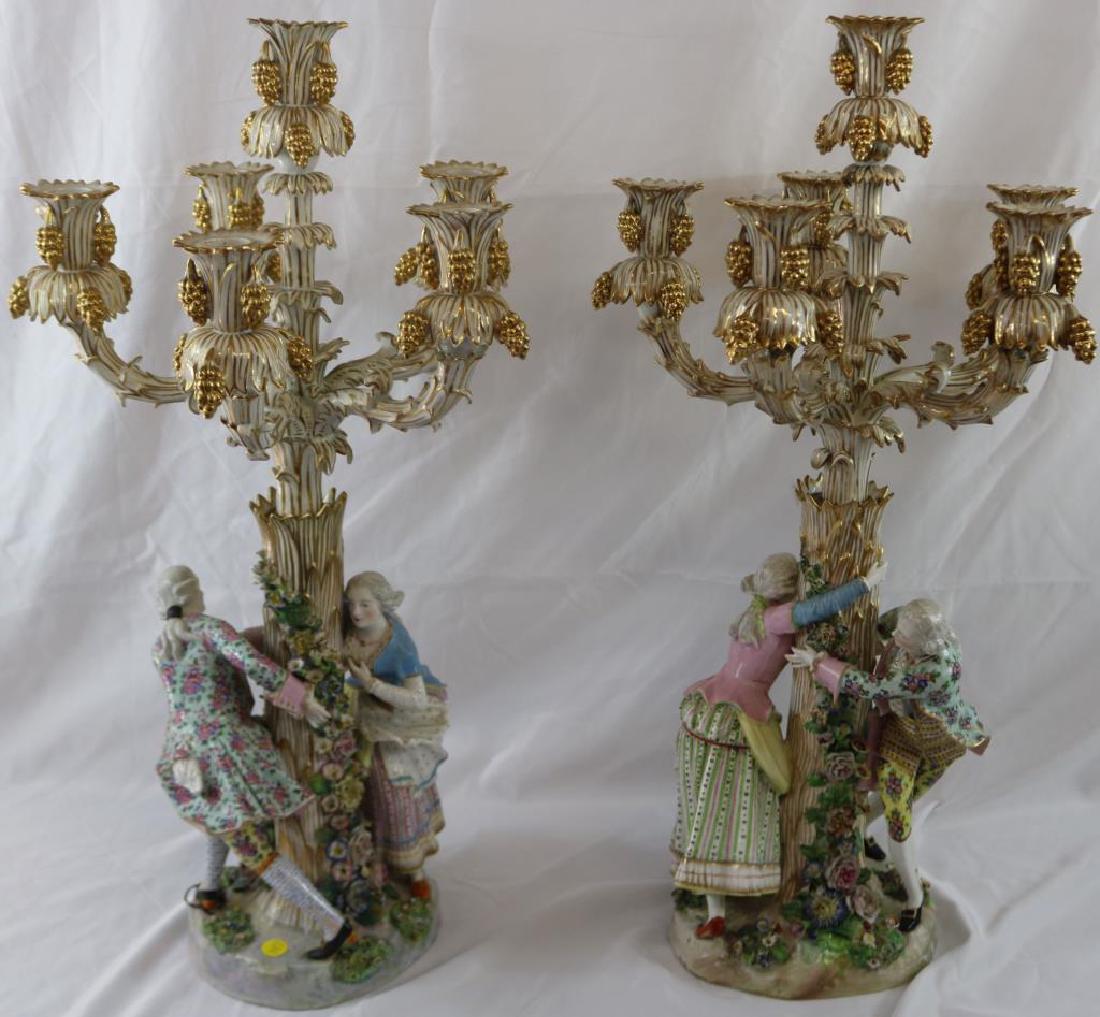 EXCEPTIONAL PAIR OF CROSS SWORDS MEISSEN 6 LIGHT: CANDELABRAS DEPICTING YOUNG COUPLE PLAYING RING AROUND A TREE, GOLD GILT WITH GRAPE DESIGN, 26 3/4" H, APPROX. 14" DIA.