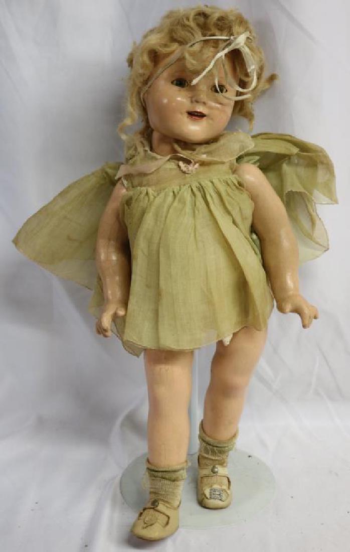 SHIRLEY TEMPLE DOLL, ORIGINAL DRESS & SHOES, MADE: BY IDEAL, SHOWS OVERALL CRAZING, MESSY HAIR, APPROX. 18" H, STAND NOT INCLUDED